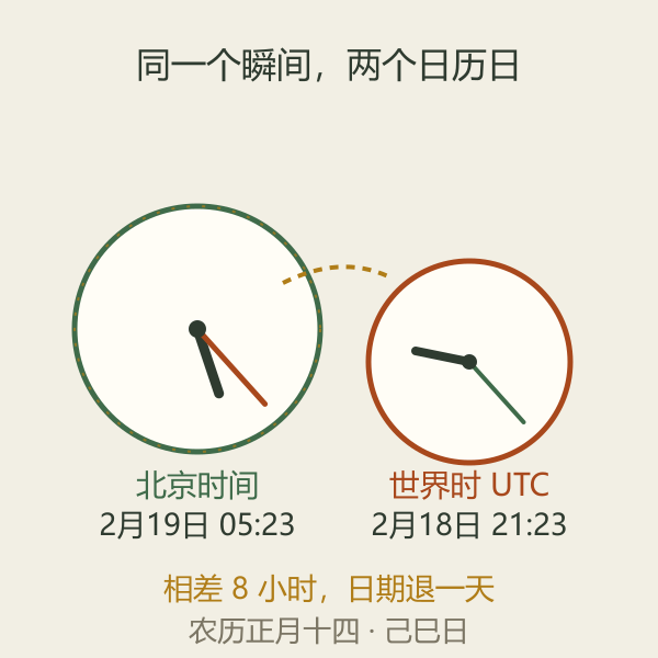同一瞬间的北京时间与世界时对照,相差八小时导致日历日不同