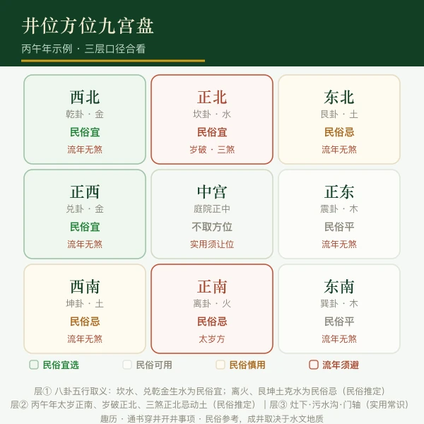 院宅九宫井位方位盘：坎兑乾民俗宜·离坤艮民俗忌·太岁岁破三煞须避