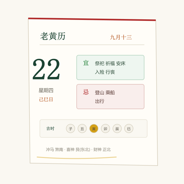 老黄历一页的构成:日期、农历、干支、宜忌、吉时