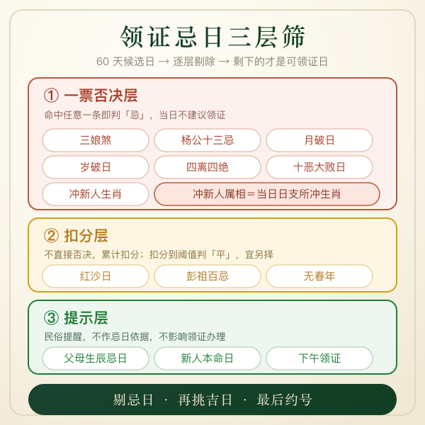 领证忌日三层筛:一票否决层、扣分层、提示层